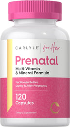 Carlyle Vitaminas Prenatales para Mujeres | 120 Cápsulas | Fórmula Multivitamínica y Mineral con Ácido Fólico | Sin Gluten y No Transgénico