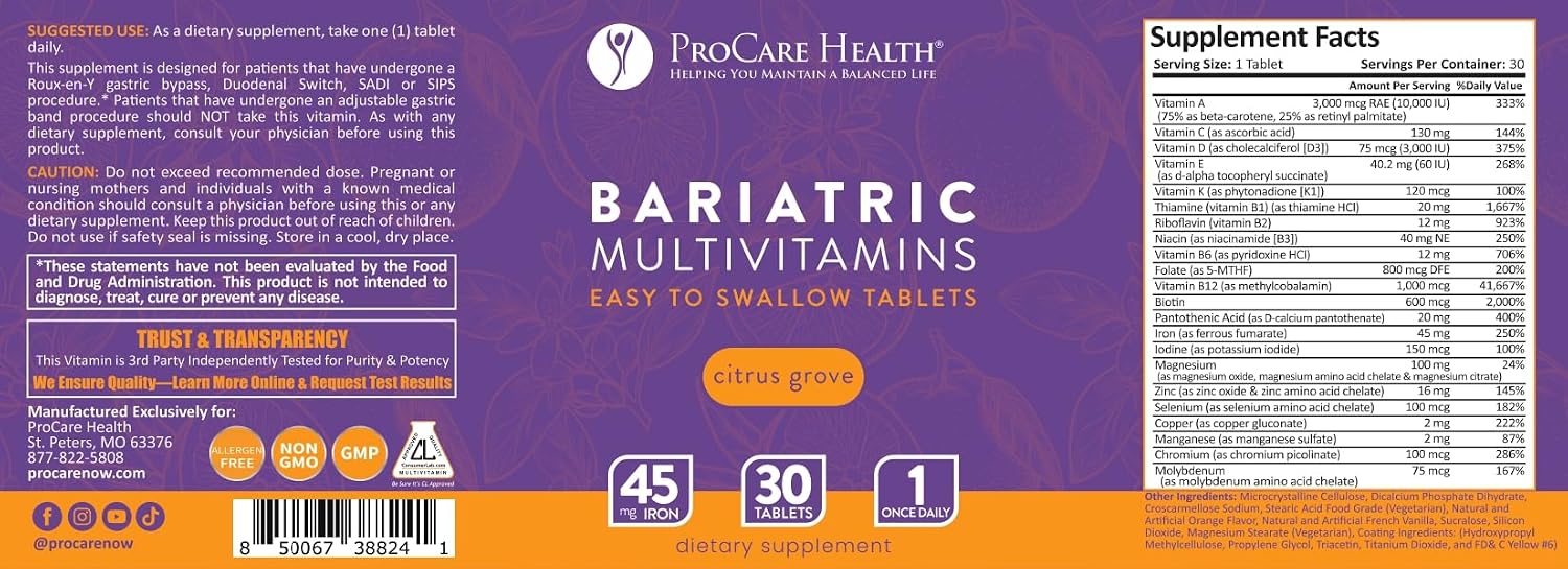 ProCare Health Multivitamínico Bariátrico con Hierro 45mg - 30 Comprimidos Fáciles de Tragar