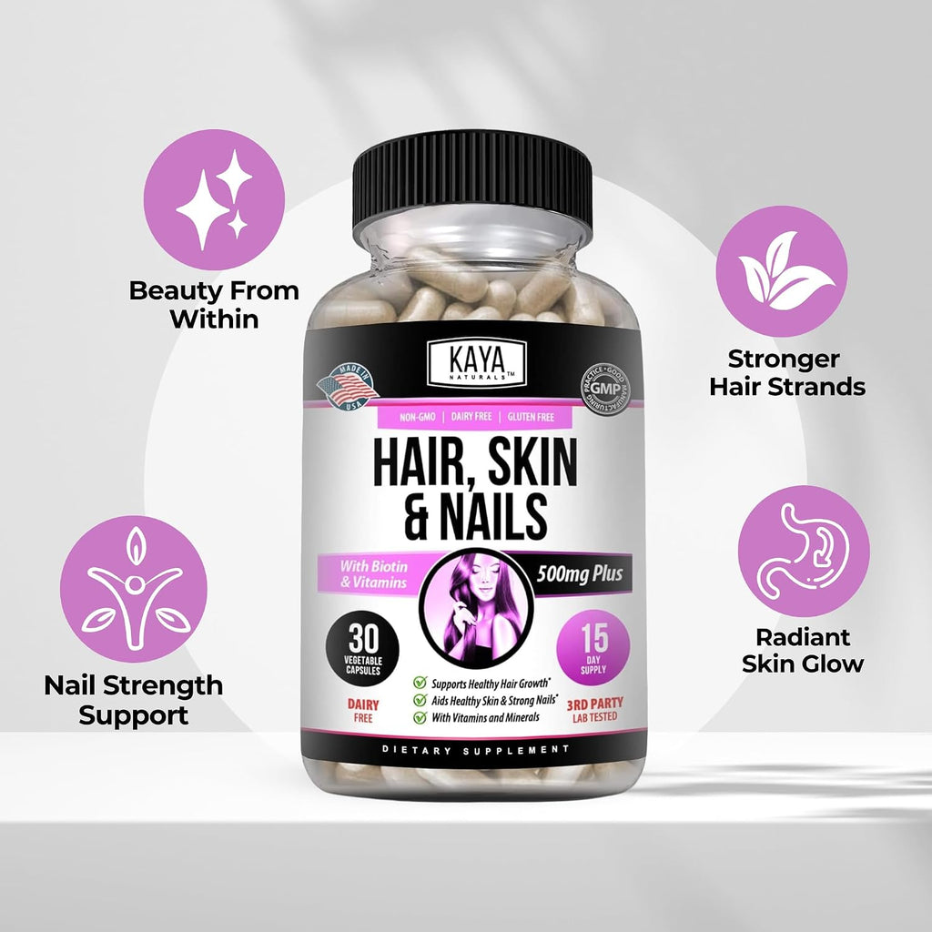Kaya Naturals Cápsulas para Cabello, Piel y Uñas con Biotina - 30 Cápsulas
