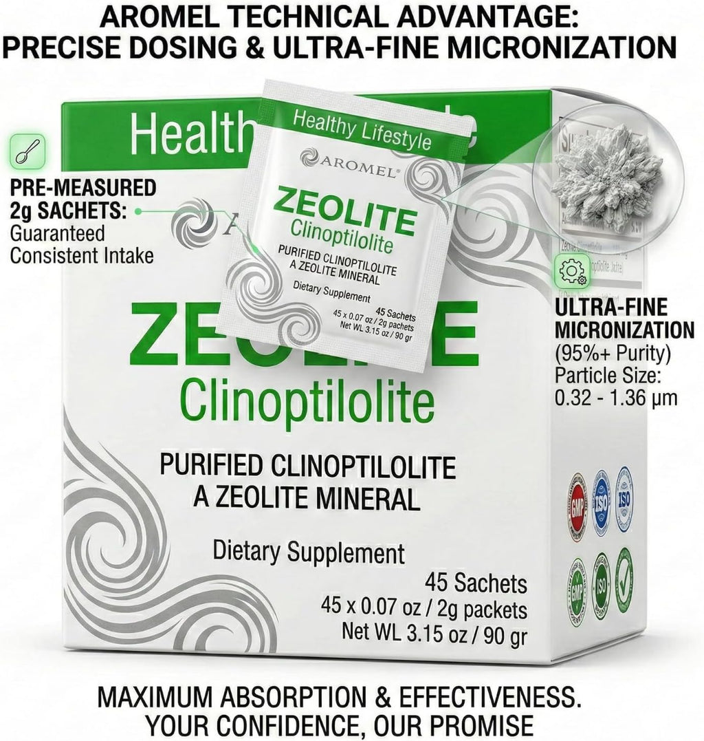 aromel Zeolite Powder Clinoptilolite - 45 Sobres de Polvo Ultrafino (<1 µm) | Clinoptilolita 95% | 3X Activado