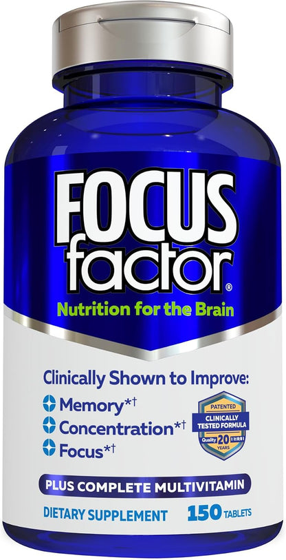 Focus Factor Nutrition for The Brain - Suplemento Multivitamínico Completo para la Memoria y Concentración con Vitaminas B6, B12, D, Bacopa Monnieri y Tirosina - 150 comprimidos (Pack de 2)