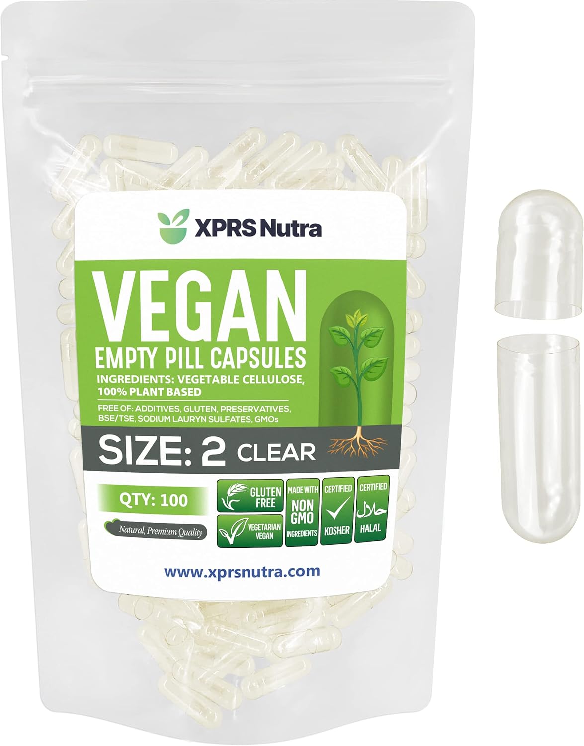 XPRS Nutra Cápsulas Vacías Tamaño 2 - 100 Cápsulas Vegetales Claras