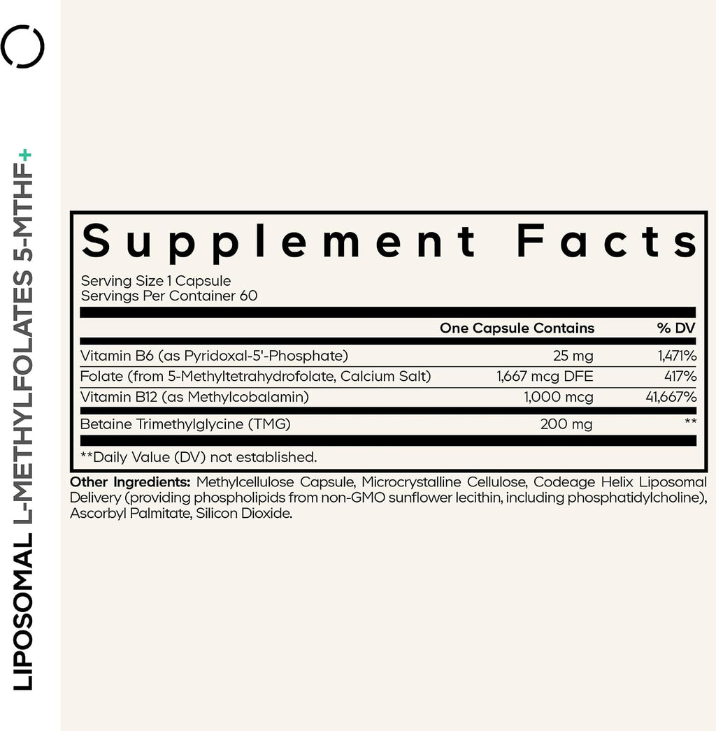 Codeage Liposomal L-Methylfolate 5-MTHF+ - Complejo de Vitaminas B Activas con Metilfolato, B12, B6 y Betaína - 60 Cápsulas