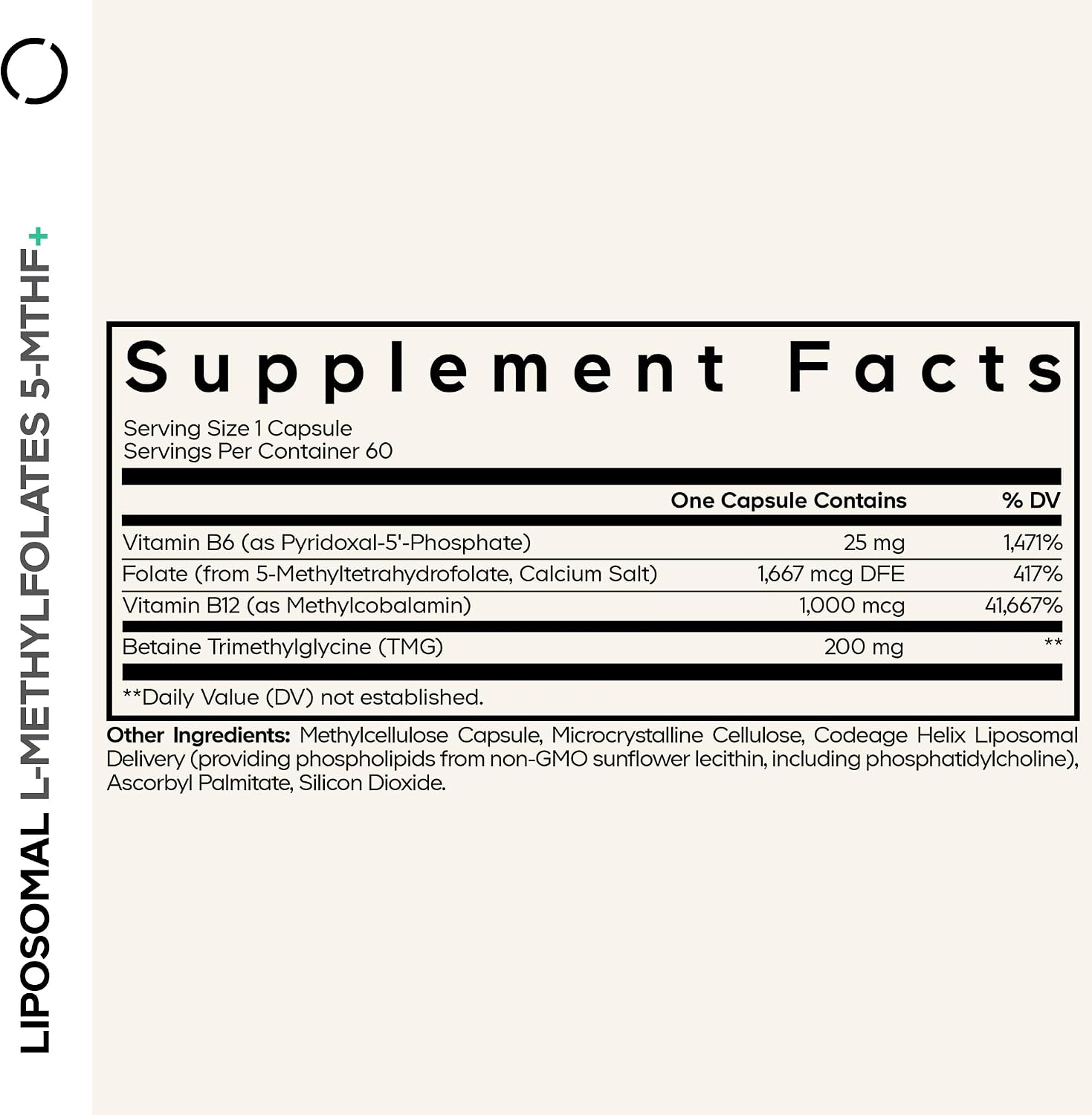 Codeage Liposomal L-Methylfolate 5-MTHF+ - Complejo de Vitaminas B Activas con Metilfolato, B12, B6 y Betaína - 60 Cápsulas