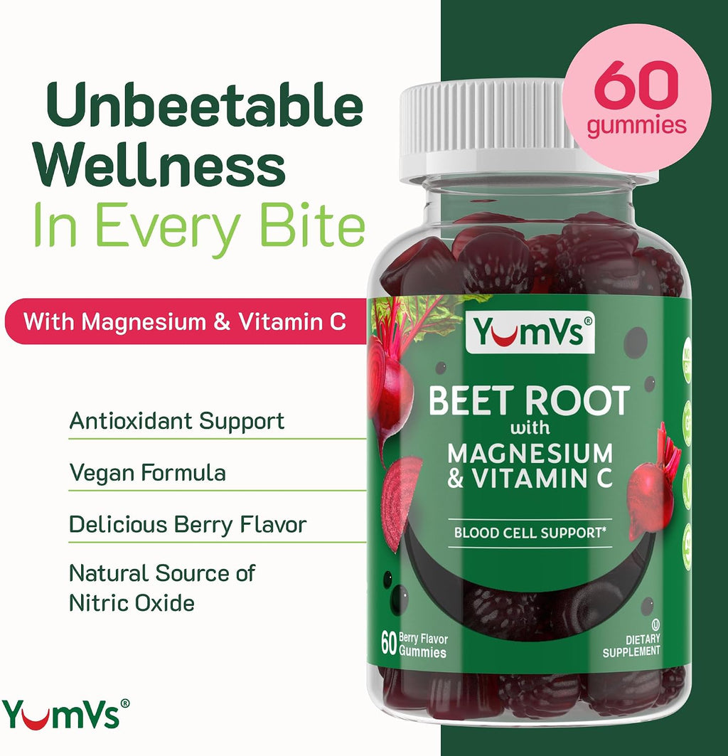 YumVs Gominolas de Remolacha con Magnesio y Vitamina C – Sabor Baya – 60 Gominolas – Vegano, Sin Gluten