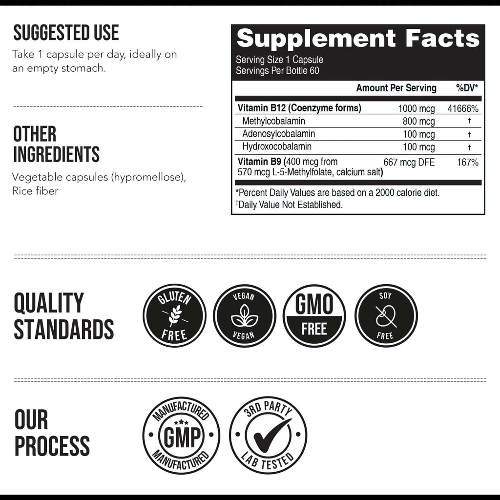 BioActive Vitamin B12 - 1000 mcg con Metilfolato, 3 Formas Coenzimáticas - Vegano, Sin OGM