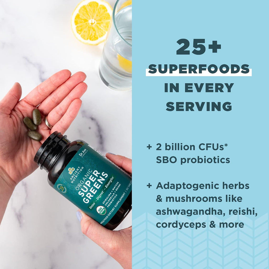 Ancient Nutrition Super Greens con Probióticos, Comprimidos Orgánicos de Superalimentos con Espirulina, Chlorella, Moringa y Probióticos, 30 Servicios, 90 Comprimidos