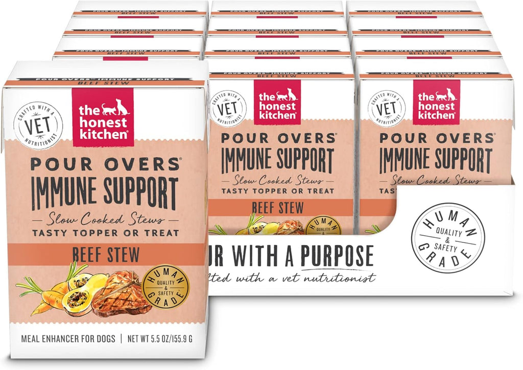 The Honest Kitchen Human Grade Functional Pour Overs: Apoyo Inmunológico - Estofado de Ternera, Complemento para Perros, 5.5 oz (Pack de 12)