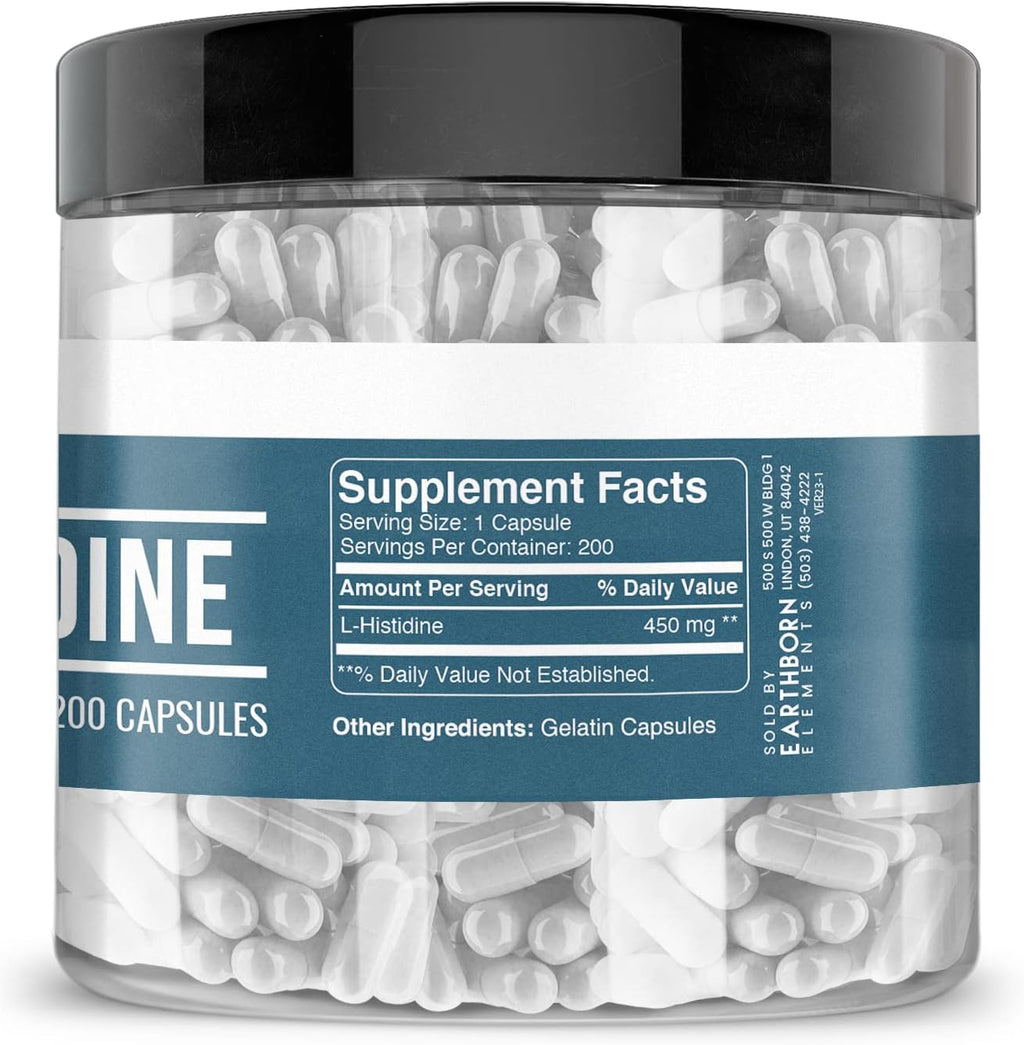 Earthborn Elements L-Histidine 200 Cápsulas, Puro y Sin Diluir, Sin Aditivos