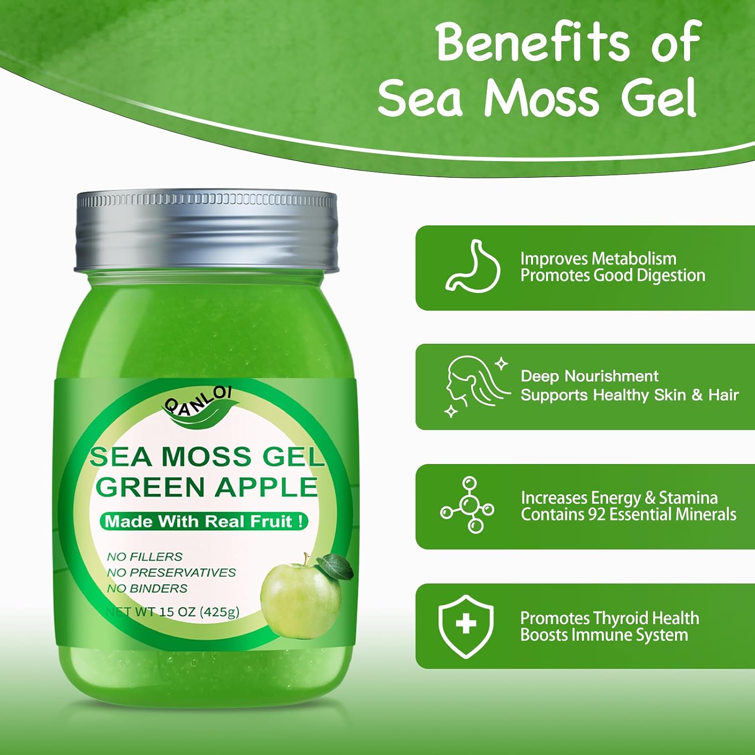 Sea Moss Raw Gel Natural con Irish Sea Moss - Apoyo Inmunológico y Digestivo - 425g (15 oz) - Sabor Manzana Verde