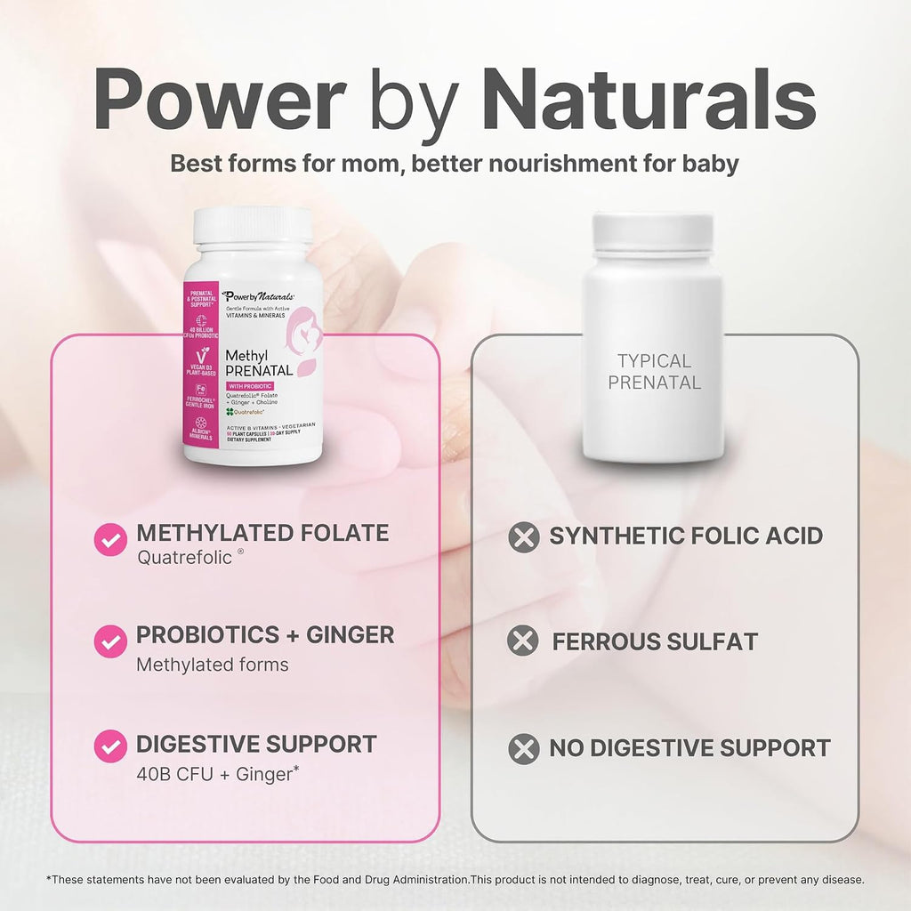 Power By Naturals Methyl Prenatal con Probióticos – Vitaminas prenatales con hierro, metilfolato, B12 y 28 nutrientes y botánicos – Vegano, sin gluten – 60 cápsulas (1 mes)
