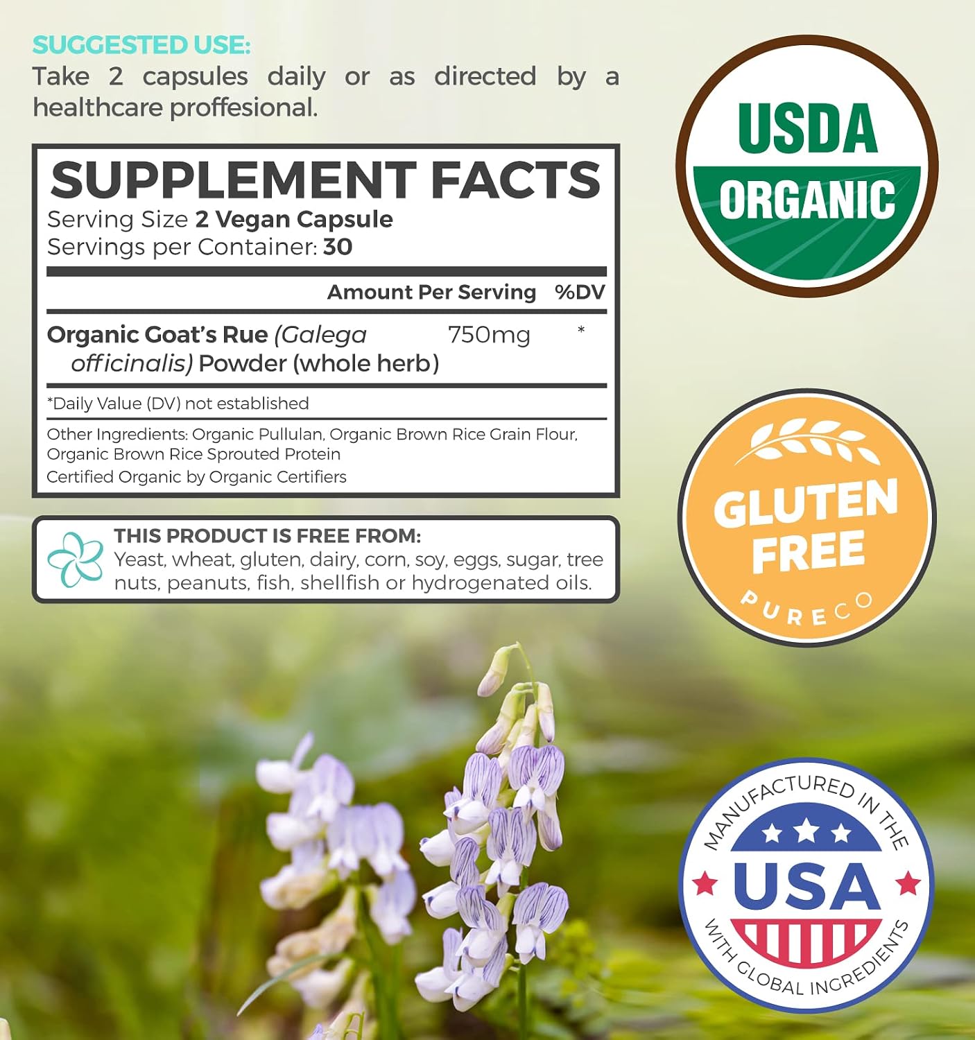 Organic Goat's Rue – Lactation Supplement to Increase Breast Milk Supply – 60 Vegan Capsules