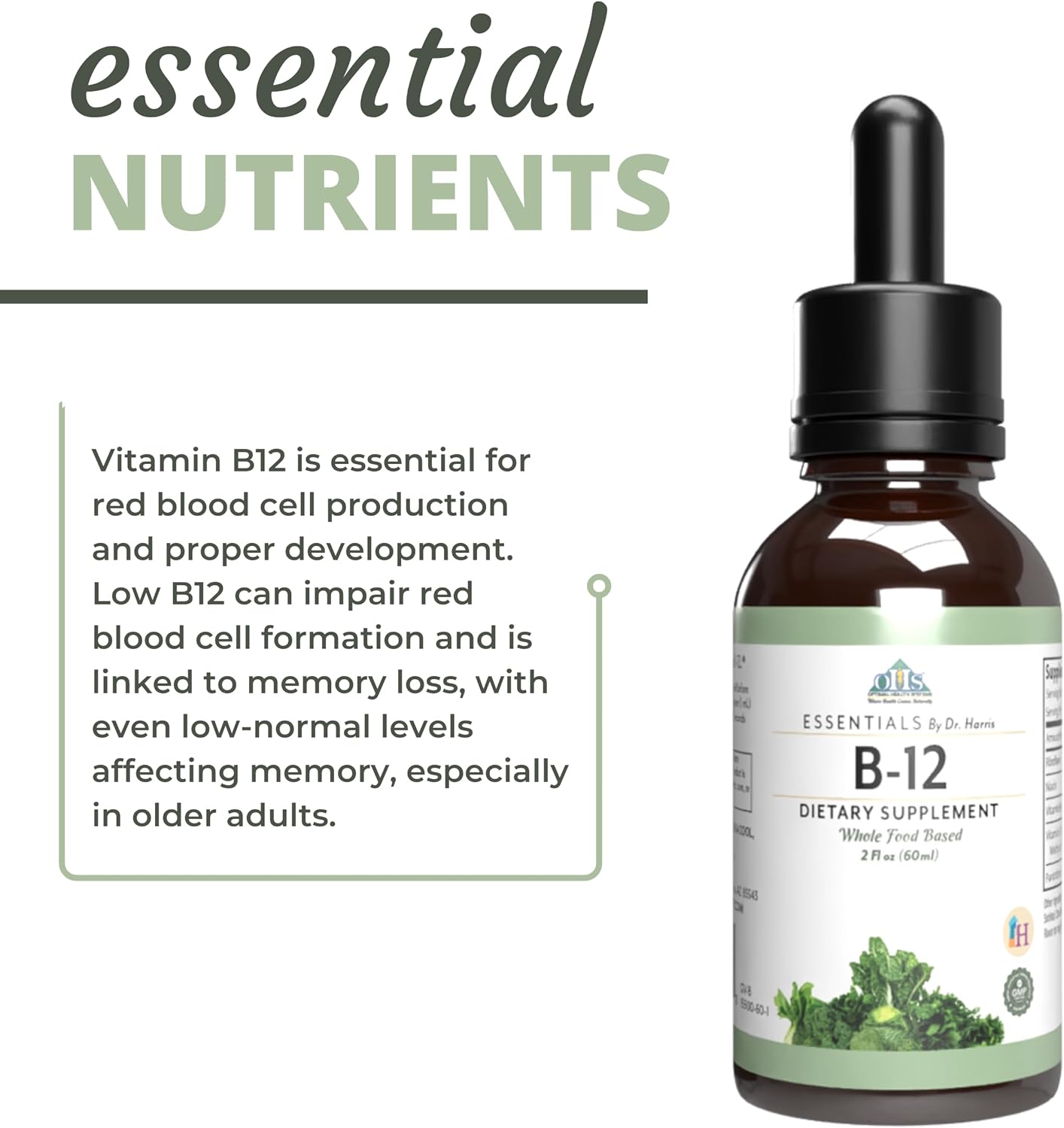 Optimal Health Systems Essential B-12 Drops | Vitamina B12 Líquida para Energía y Apoyo Cognitivo | 60 ml