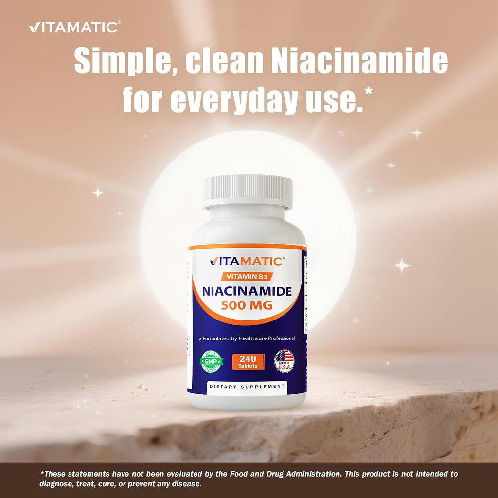 Vitamatic Niacinamida 500 mg, 240 Comprimidos - Vitamina B3 Sin Enrojecimiento - Apoya la Producción de Energía