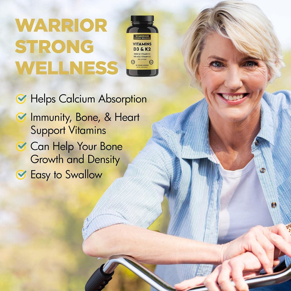 Warrior Strong Wellness Suplemento de Vitamina D3 y K2 - 5000 UI D3 + 180 mcg K2 MK-7 - Apoyo óseo - 2 meses, 60 cápsulas veganas