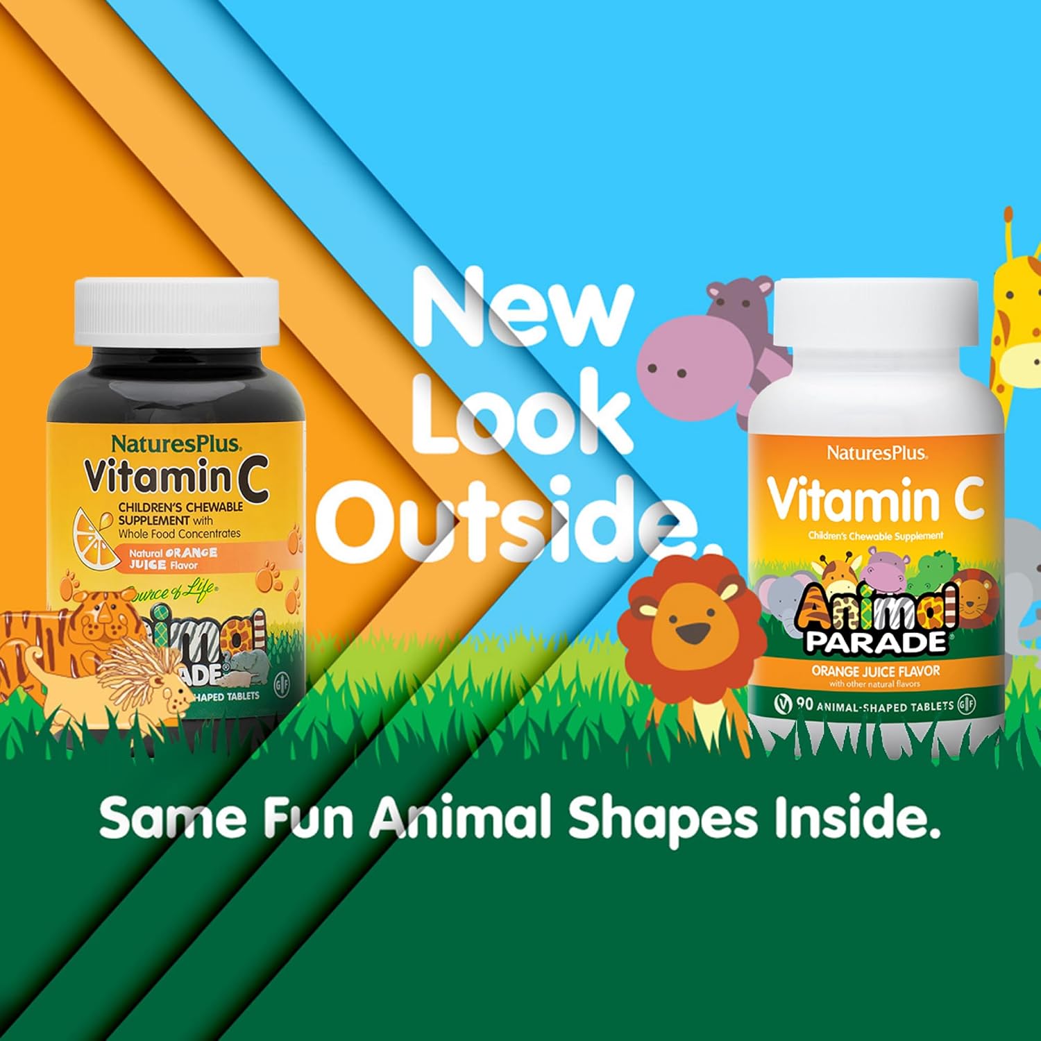NaturesPlus Animal Parade Vitamina C Masticable para Niños - Sabor Natural a Naranja - 90 Comprimidos con Forma de Animal, Pack de 4 - Vegano, Vegetariano, Sin Gluten - 180 Dosis