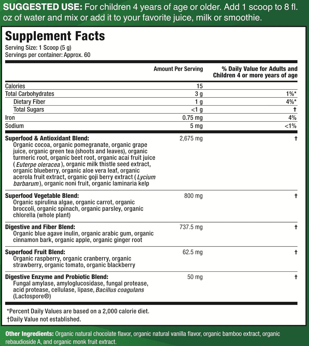 Feel Great Super Greens en Polvo Orgánico USDA para Niños, Sabor Chocolate, Suplemento de Frutas y Verduras con Probióticos y Enzimas Digestivas, 60 Días