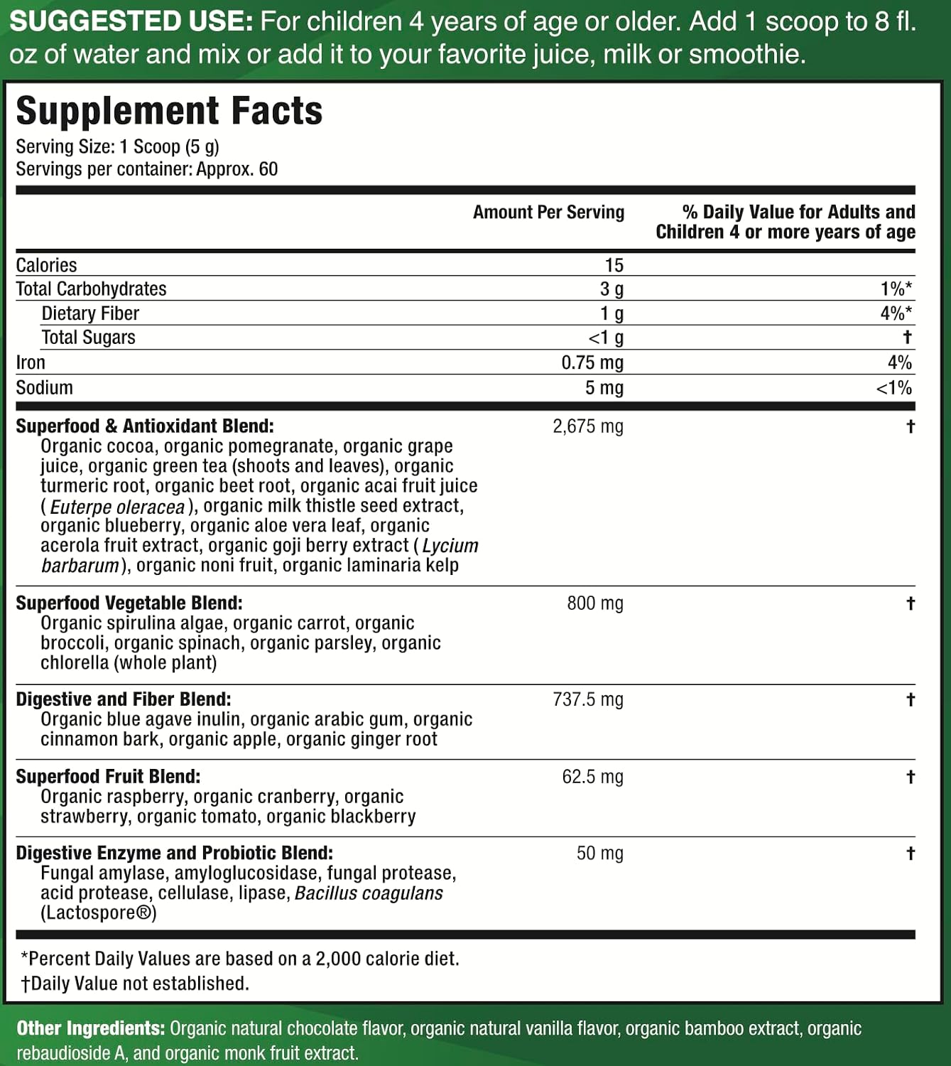 Feel Great Super Greens en Polvo Orgánico USDA para Niños, Sabor Chocolate, Suplemento de Frutas y Verduras con Probióticos y Enzimas Digestivas, 60 Días