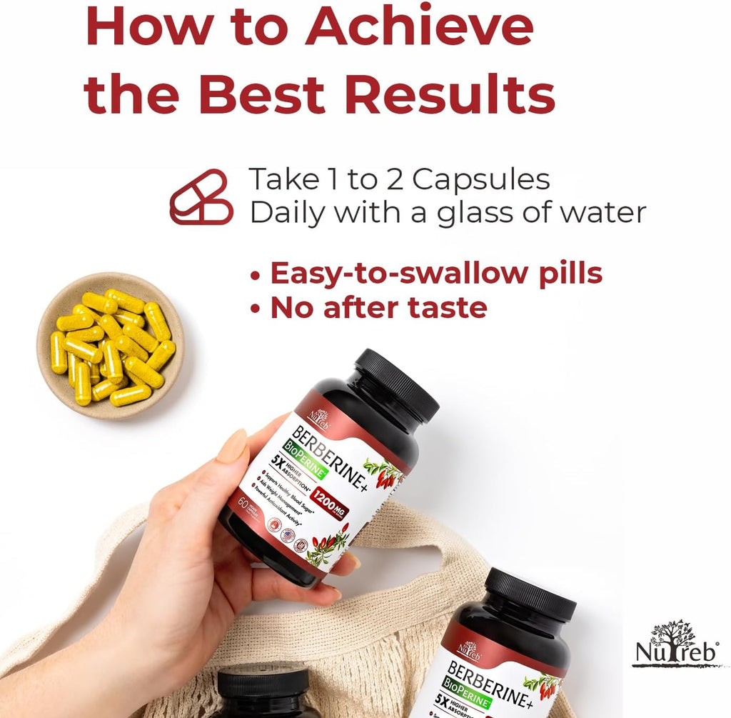 Suplemento de Berberina 1200 mg - 5x Mayor Absorción con BioPerine - Berberina HCL Ultra Pura 98% - 60 Cápsulas Veganas