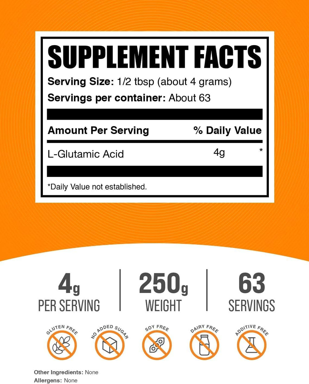 Polvo de Ácido L-Glutámico - Suplemento de Glutamato - Sin Sabor y Sin Gluten - 250g (8.8 oz) - BulkSupplements