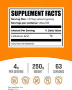 Polvo de Ácido L-Glutámico - Suplemento de Glutamato - Sin Sabor y Sin Gluten - 250g (8.8 oz) - BulkSupplements