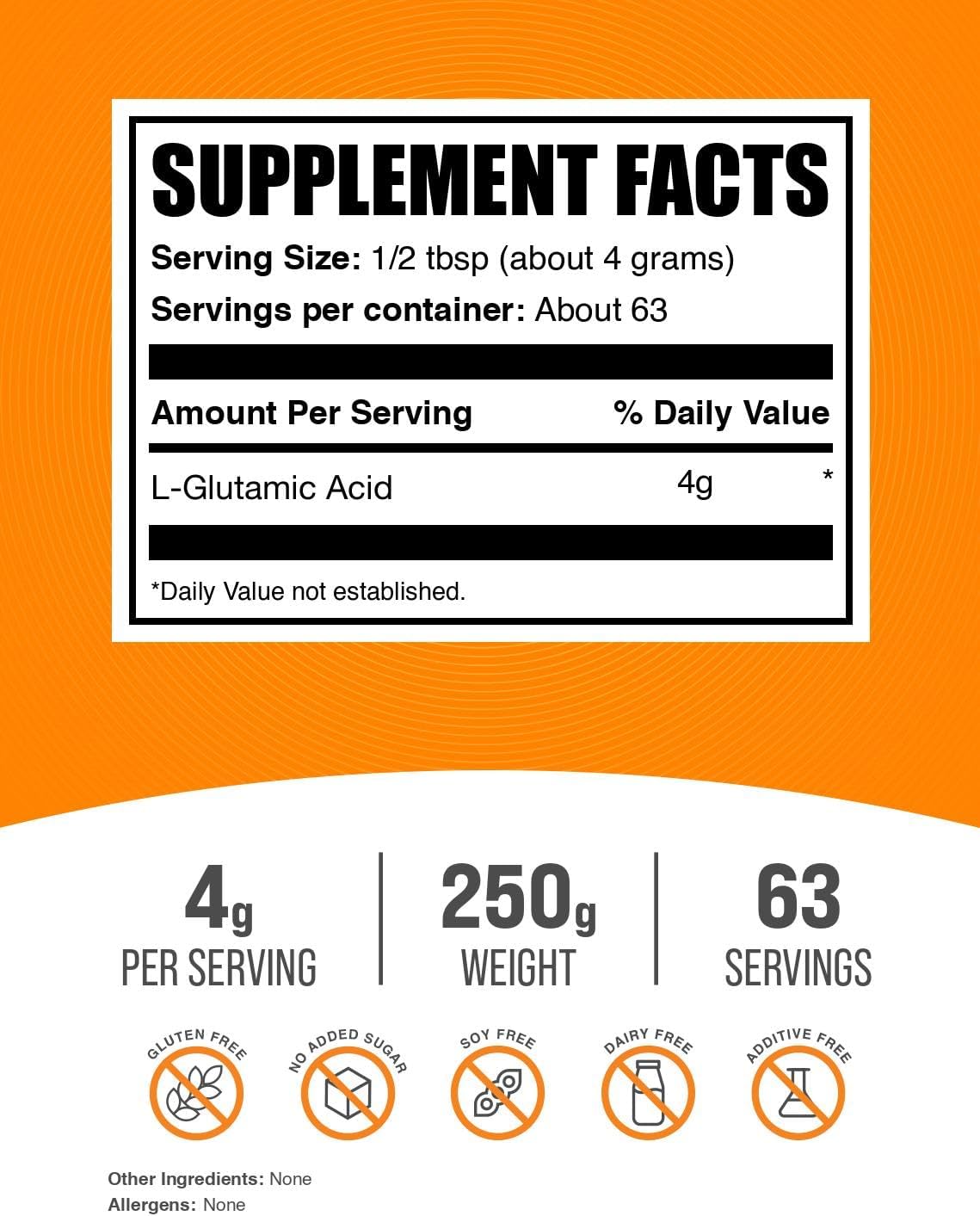 Polvo de Ácido L-Glutámico - Suplemento de Glutamato - Sin Sabor y Sin Gluten - 250g (8.8 oz) - BulkSupplements