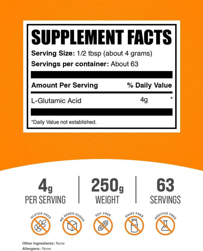 Polvo de Ácido L-Glutámico - Suplemento de Glutamato - Sin Sabor y Sin Gluten - 250g (8.8 oz) - BulkSupplements – Image 2