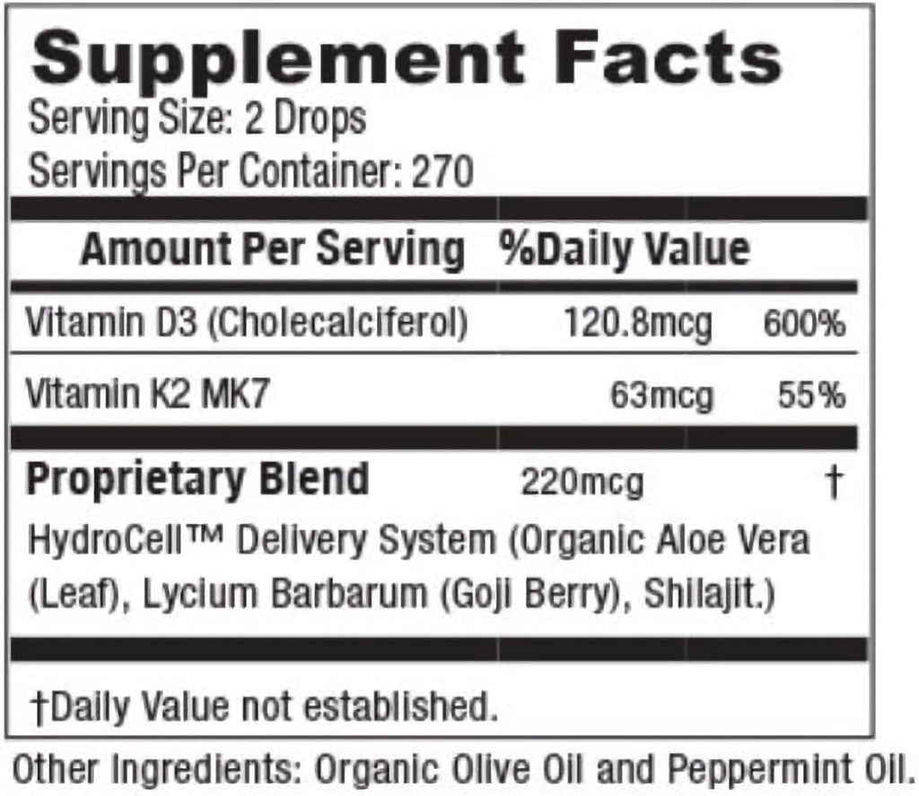 Complejo de Vitamina D3 y K2 5000 UI con K2 MK-7, 270 Dosis