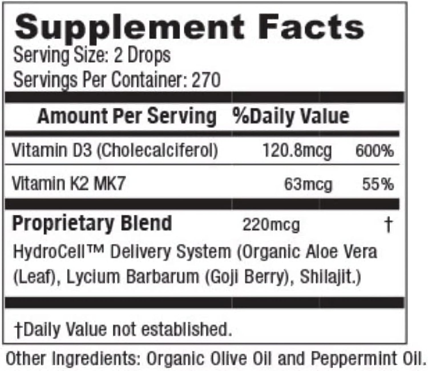 Complejo de Vitamina D3 y K2 5000 UI con K2 MK-7, 270 Dosis