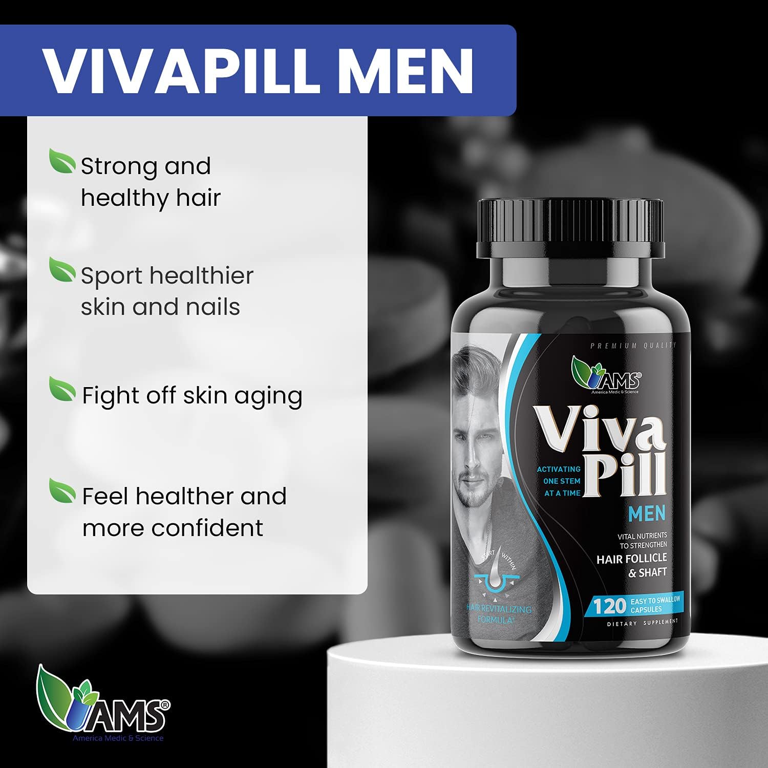 America Medic & Science VivaPill para Hombres (120 Cápsulas) - Suplemento para Cabello, Piel y Uñas con Biotina, Colágeno y Queratina