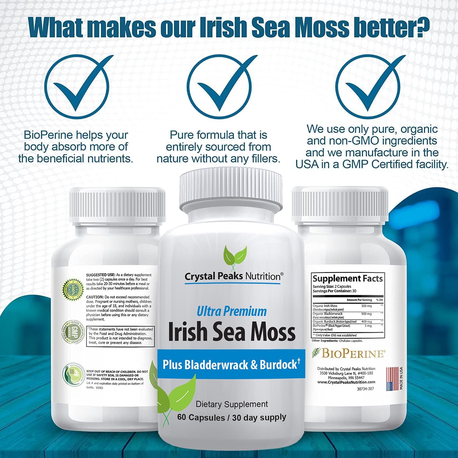 Suplemento Orgánico de Musgo Irlandés con Bladderwrack y Bardana - 60 Cápsulas con BioPerine