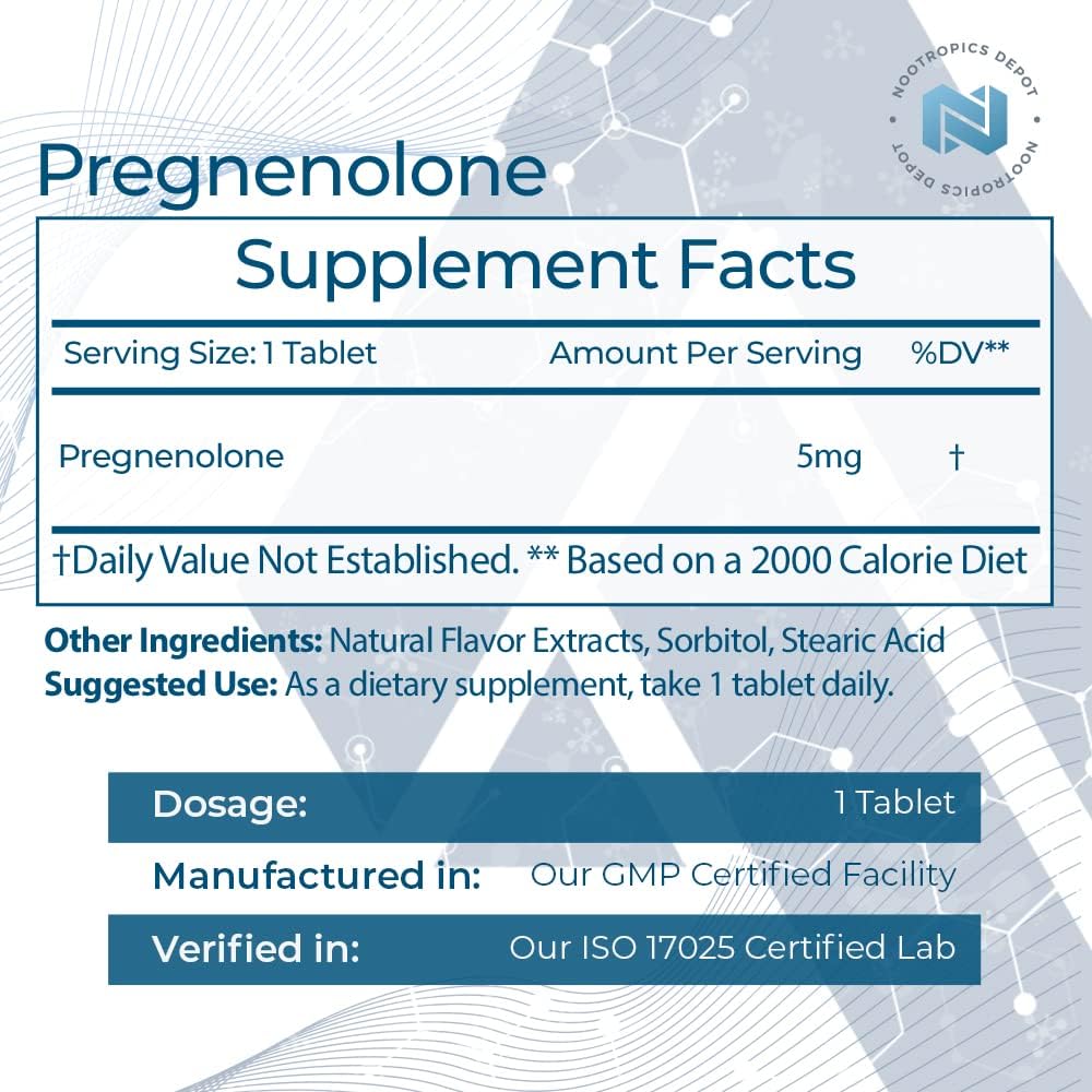 Nootropics Depot Pregnenolona 5 mg Micronizado | 365 Tabletas de Disolución Rápida