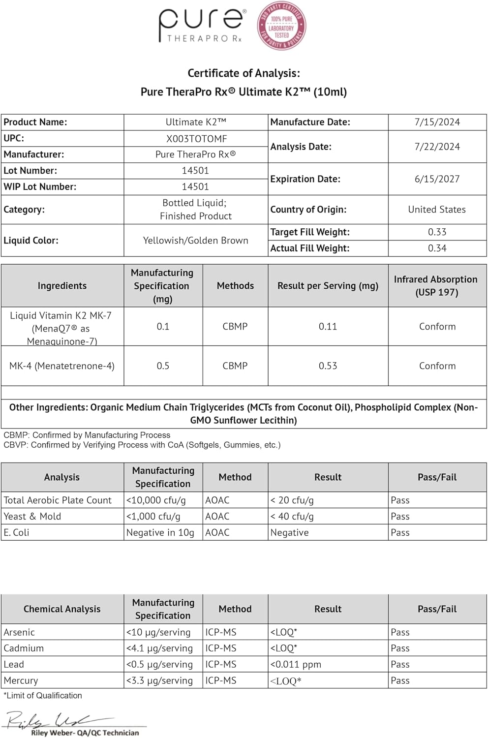 Pure Therapro Rx Ultimate K2 - Gotas Liposomales de Vitamina K2 (600 mcg, 10 ml)