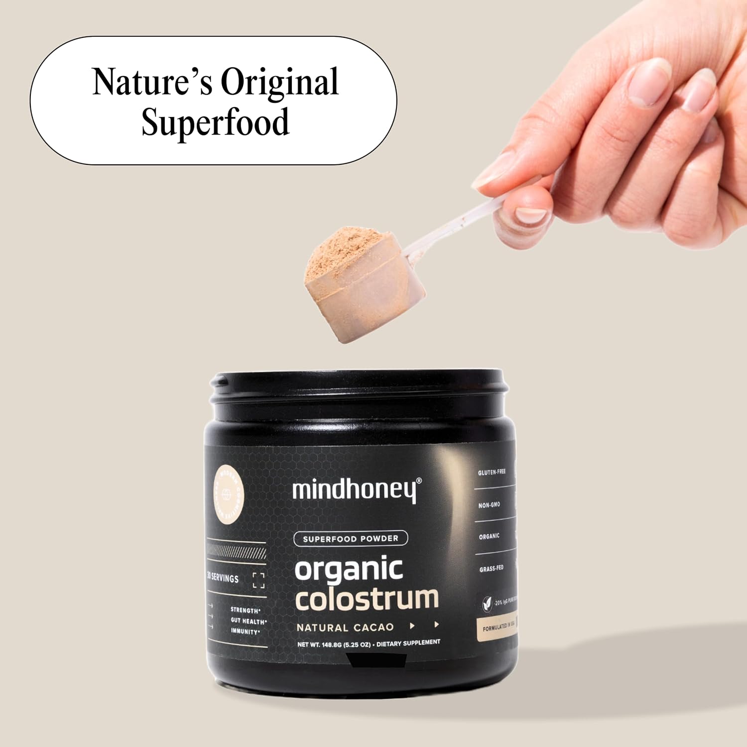 MINDHONEY Organic Colostrum | Premium Cacao Flavored Superfood Powder | Gut Health & Immunity, Skin & Hair, Anti-Aging, Performance & Recovery | Grass-Fed, Pasture-Raised | 30 Servings
