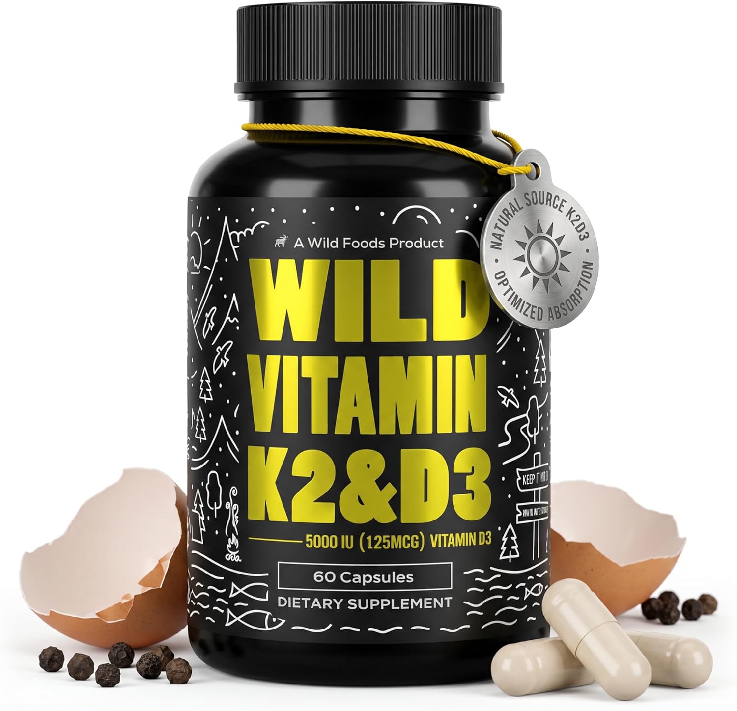 Wild Foods Vitamina D3 + K2 (100 mcg MK-7) con Extracto de Pimienta Negra | 5000 UI | 60 Cápsulas Veganas