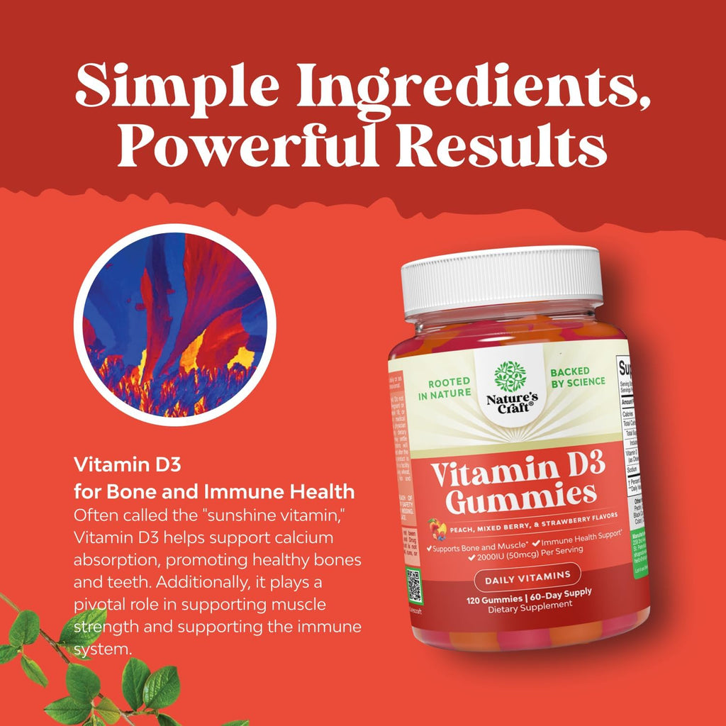 Natures Craft Vitamina D3 Gominolas - 2000 UI por ración - 120 gominolas para adultos