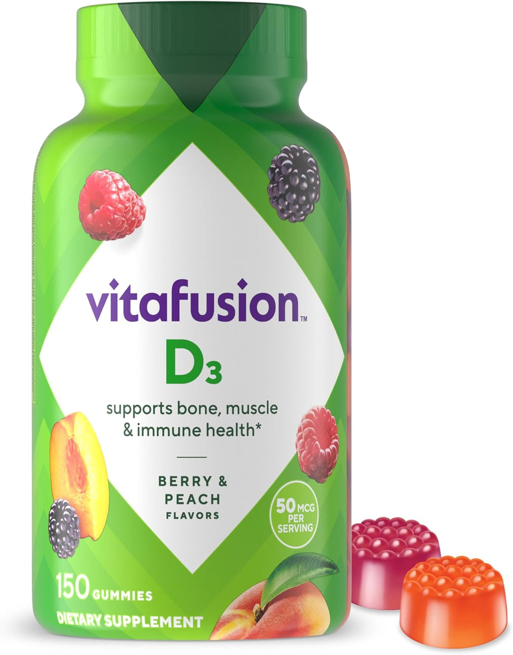 Vitafusion Vitamin D3 Gummies, Bone & Immune Support, Peach, Blackberry & Strawberry Flavors, 50 mcg (2000 IU) Vitamin D3, 150 Count, 75 Day Supply