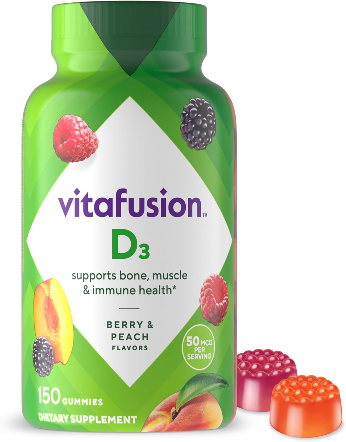 Vitafusion Vitamin D3 Gummies, Bone & Immune Support, Peach, Blackberry & Strawberry Flavors, 50 mcg (2000 IU) Vitamin D3, 150 Count, 75 Day Supply