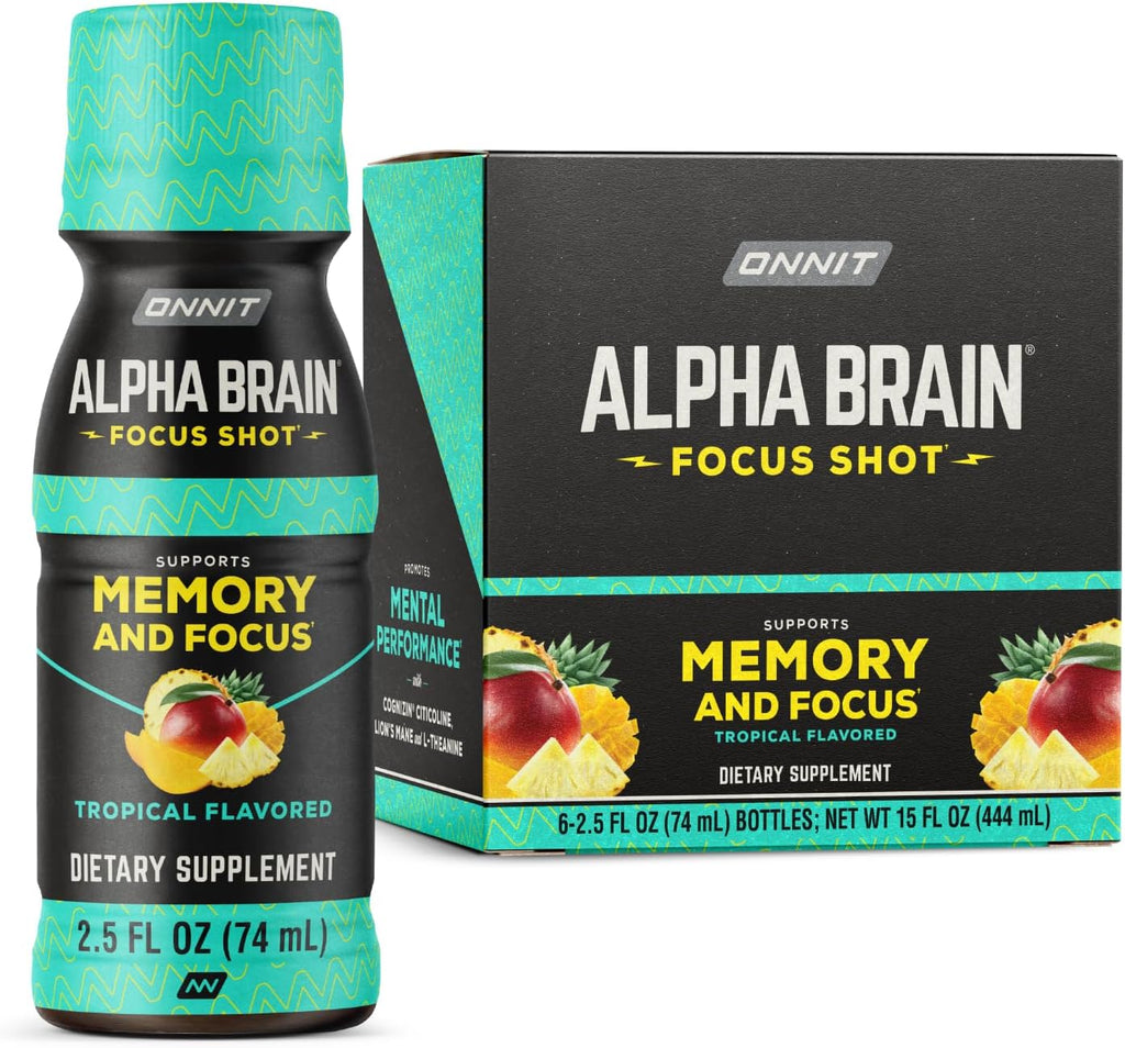 ONNIT Alpha Brain Focus Shot, Sabor Tropical, 6 unidades, Certificado IGEN™ No GMO