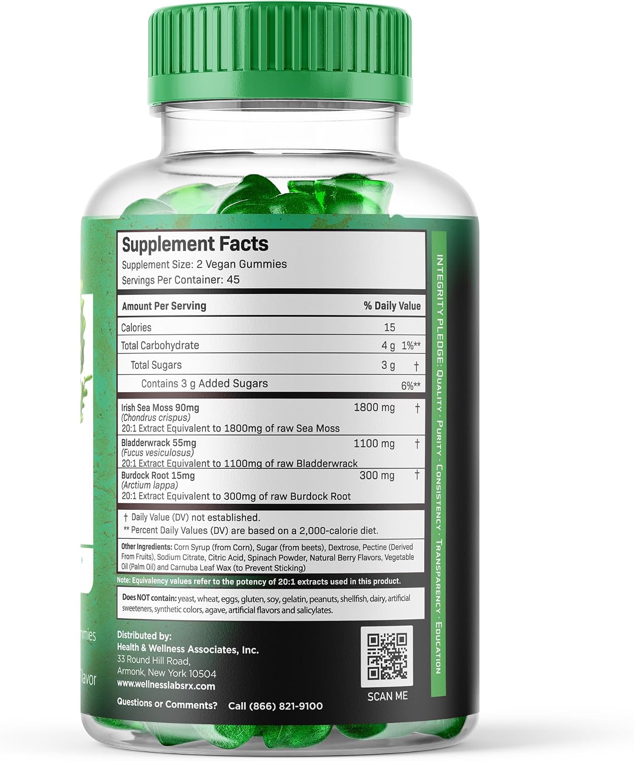 WELLNESS LABSRX Gominolas de Musgo Marino, 3200mg Irish Sea Moss Sabor a Baya Mixta con Bladderwrack y Raíz de Bardana - Apoyo para la Piel, Energía e Inmunidad - 90 Unidades