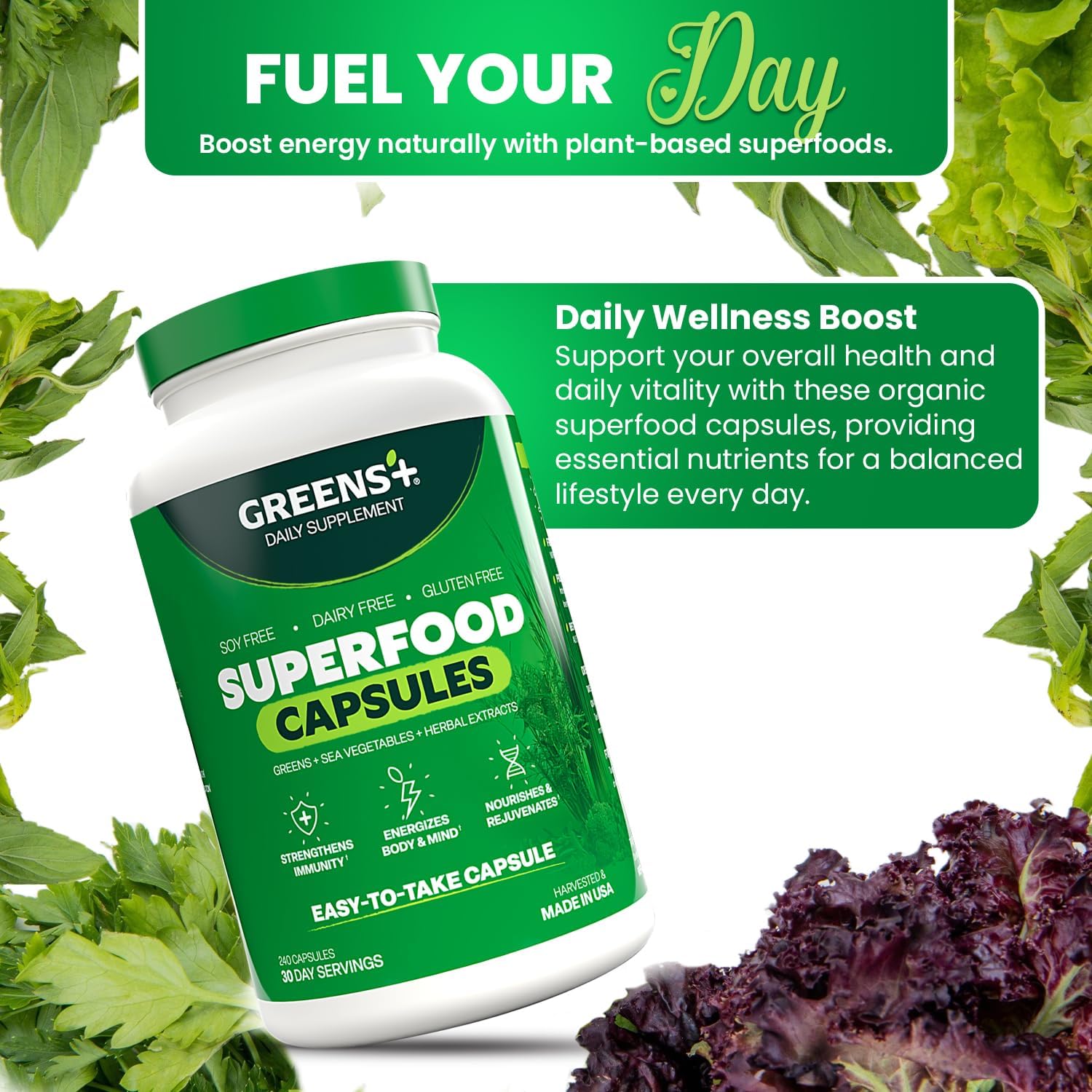 Greens+ Cápsulas de Superalimentos Orgánicos - Espirulina y Clorela Orgánicas con Alfalfa y Pasto de Trigo - 240 Cápsulas