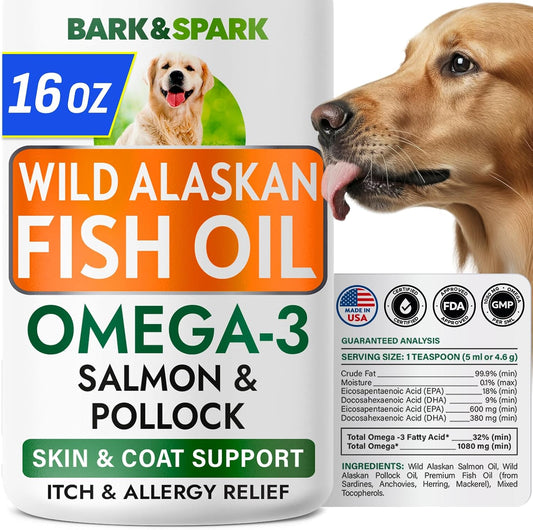 BARK&SPARK Aceite de Pescado Omega 3 para Perros - con Aceite de Salmón Salvaje de Alaska, Líquido, EPA+DHA