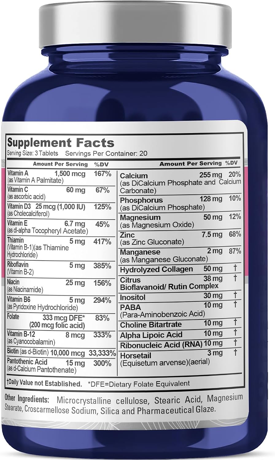 Fórmula NusaPure para Cabello, Piel y Uñas con 10.000 mcg de Biotina por Ración - 60 Comprimidos - Vegetariano y No-OGM