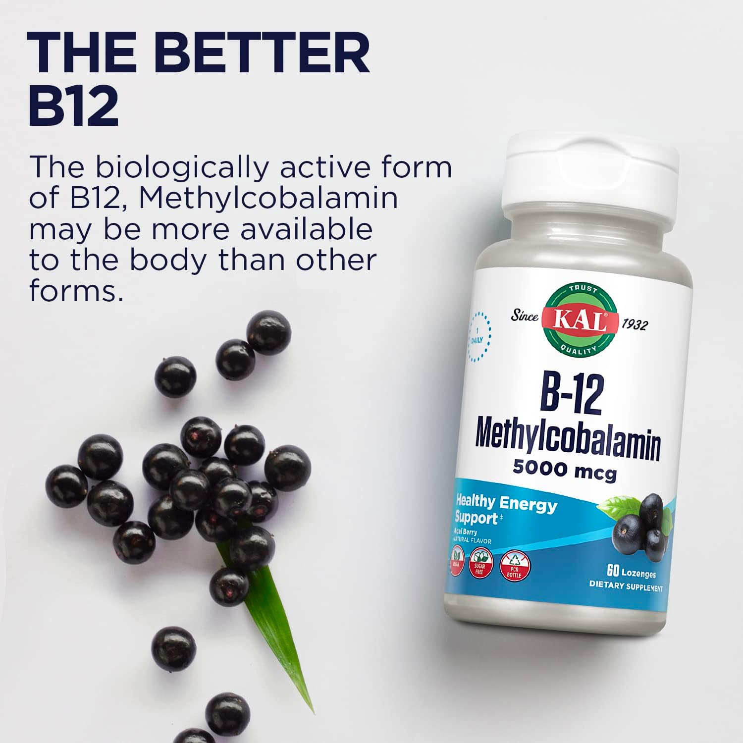KAL Vitamina B12 Metilcobalamina 5000 mcg - 60 Pastillas Chupables Sabor Acai, Vegano, Sin Azúcar