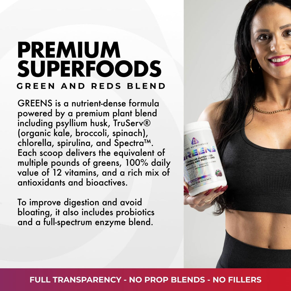 Core Nutritionals Greens - Mezcla Premium de Superfoods Rojos y Verdes con Probióticos, Enzimas Digestivas y Antioxidantes - 30 Servicios (Chocolate Decadence)