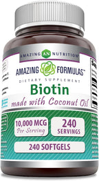 Amazing Formulas Biotina con Aceite de Coco Virgen Extra | 10000 mcg | 120 Cápsulas Blandas (2 Envases)
