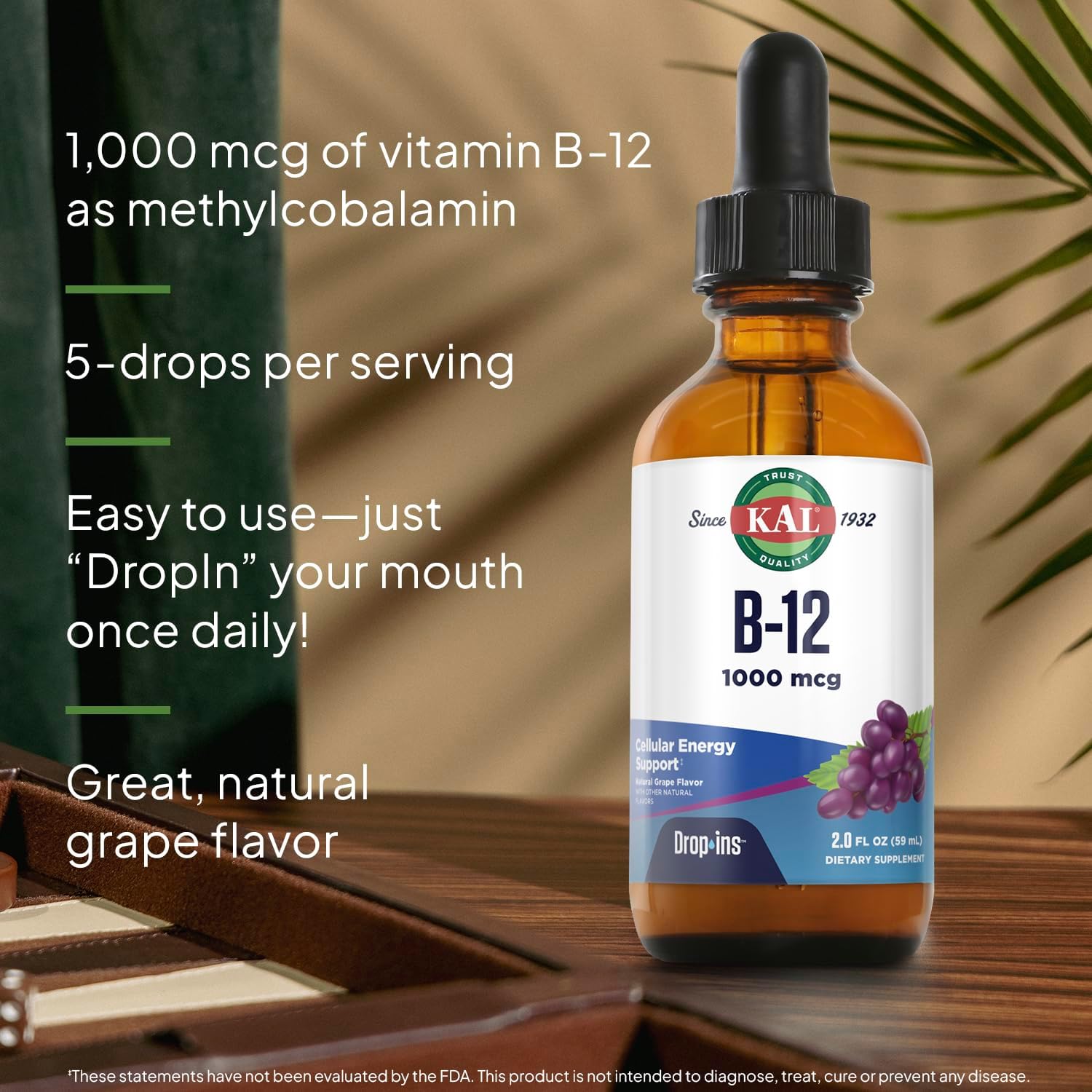 KAL B12 1000 mcg DropIns, Líquido de Vitamina B12 de Alta Absorción, Sabor Natural a Uva, 196 Dosis, 60 ml