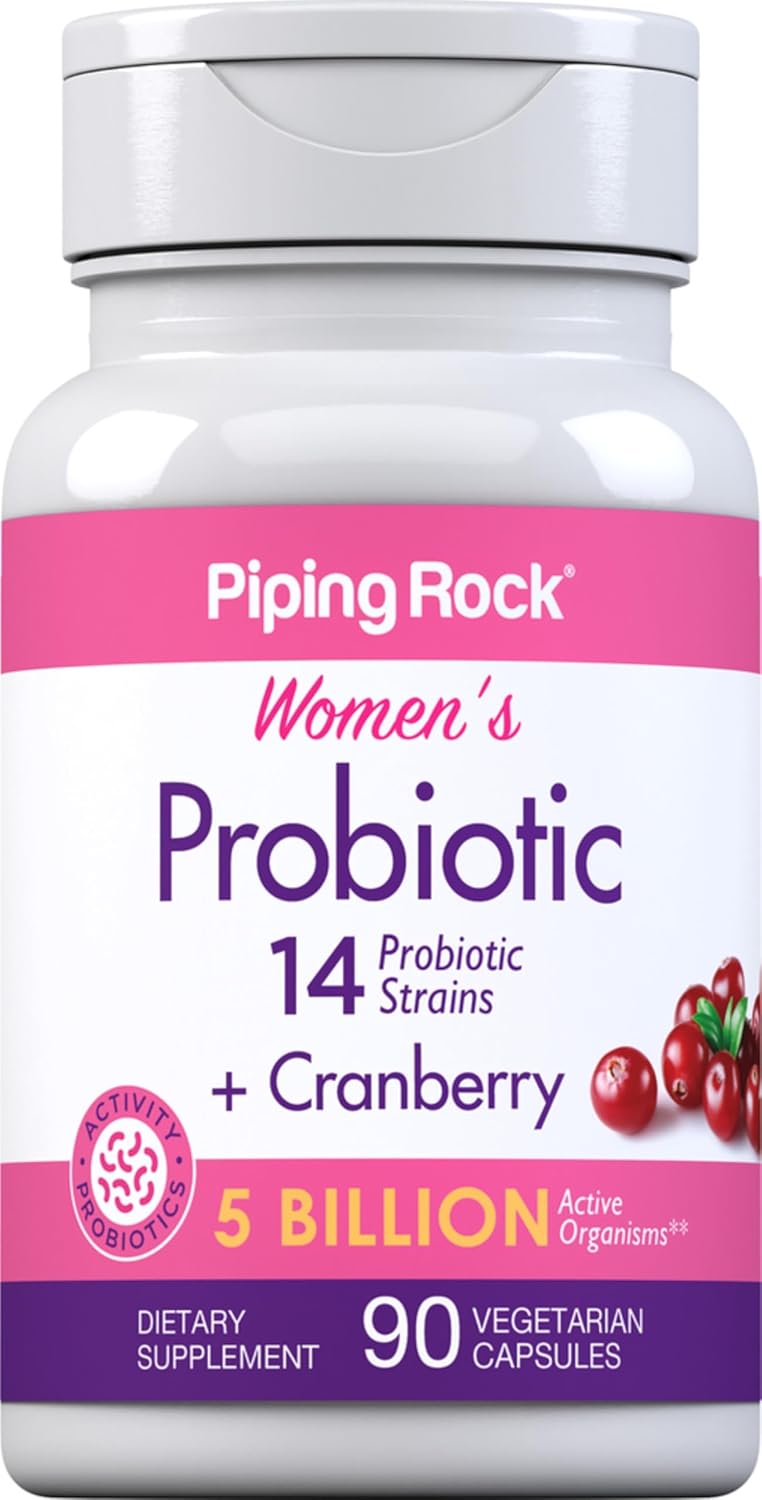 Piping Rock Probiótico para Mujeres con Arándano Rojo | 5 Mil Millones UFC | 90 Cápsulas | 14 Cepas | Suplemento Vegetariano, Sin OGM, Sin Gluten