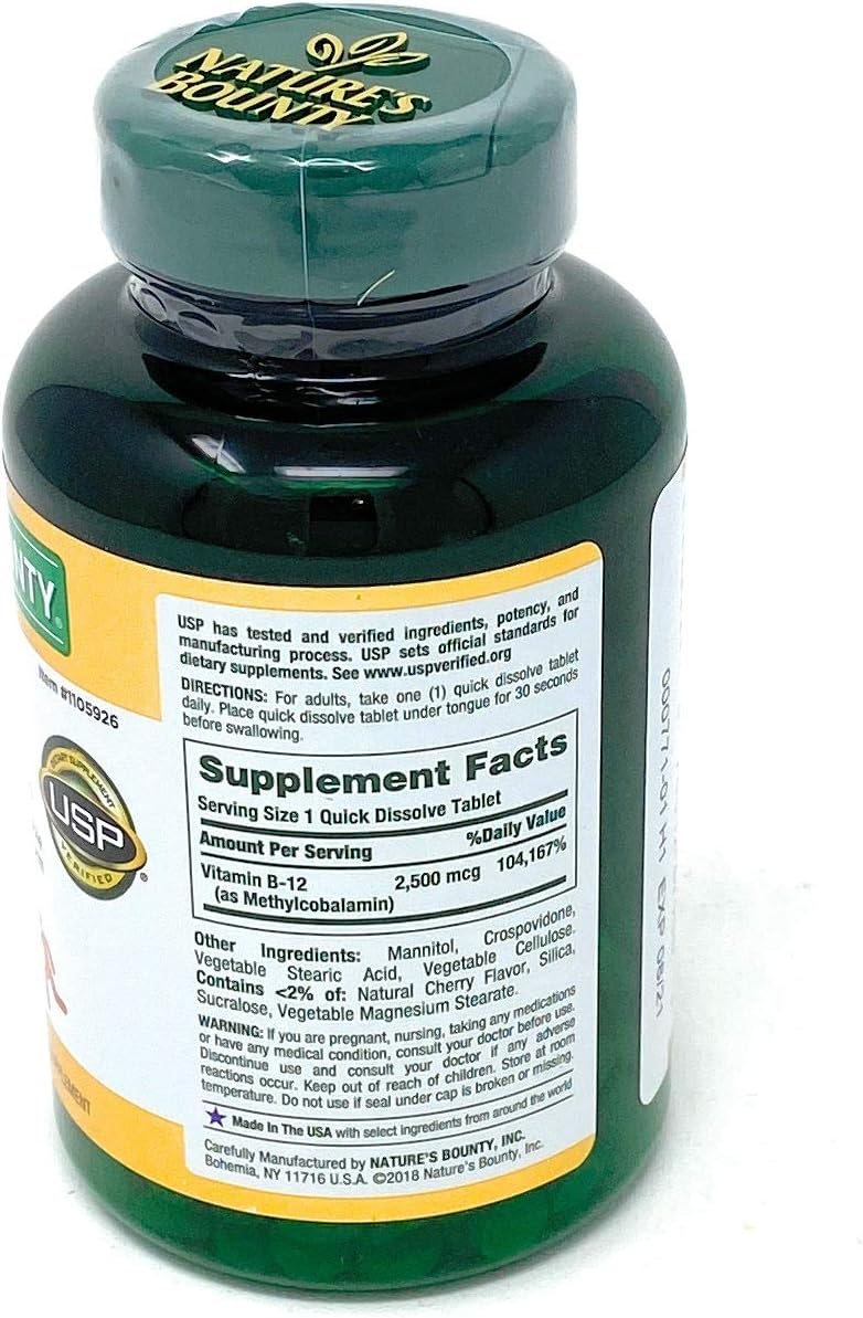 Nature's Bounty Vitamina B-12 2500 mcg de disolución rápida, sabor cereza natural (300 comprimidos)