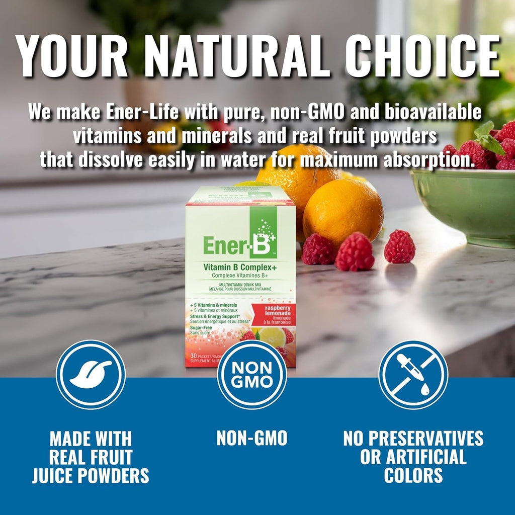 Ener-B+ Mezcla Multivitamínica Sin Azúcar para Bebida - Limonada de Frambuesa, 30 unidades
